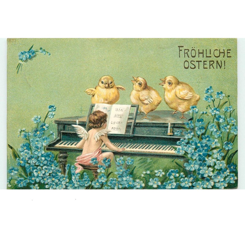 n°15367 - Carte Gaufrée - Fröhliche Ostern - Ange jouant du piano devant des poussins chantant - Myosotis
