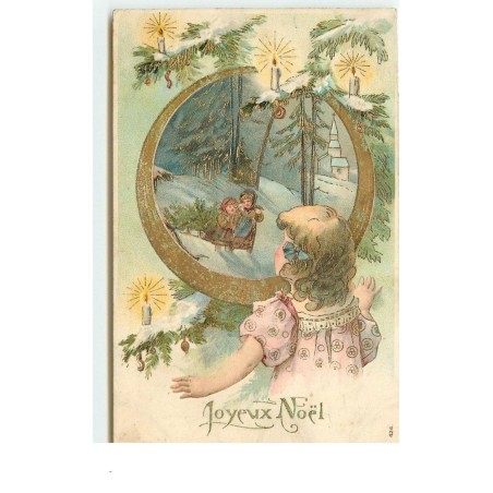 n°15378 - Carte Gaufrée - Joyeux Noël - Fillette regardant des enfants dans la forêt