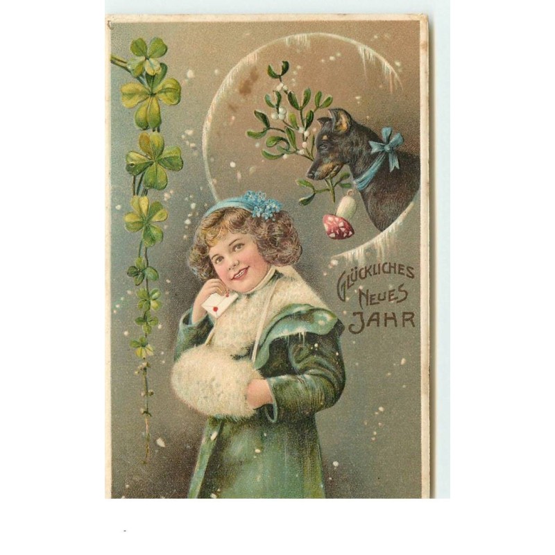 n°15385 - Carte Gaufrée  Glückliches Neues Jahr - Chien regardant une fillette