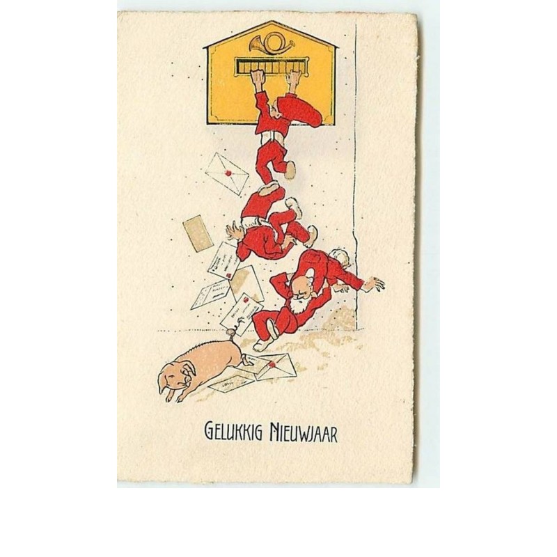 n°10519 - Carte Fantaisie - Gelukkig Nieuwjaar - Lutins , nains, cochon, boite aux lettres