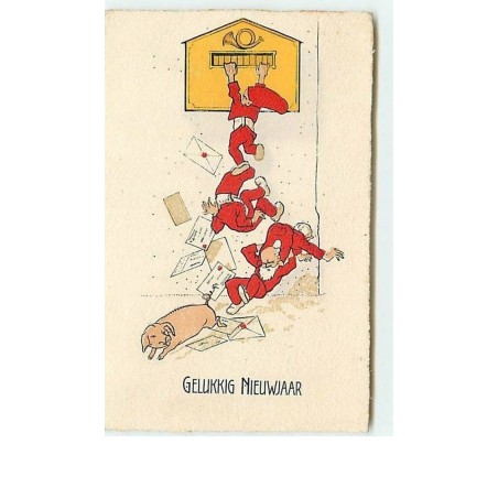 n°10519 - Carte Fantaisie - Gelukkig Nieuwjaar - Lutins , nains, cochon, boite aux lettres