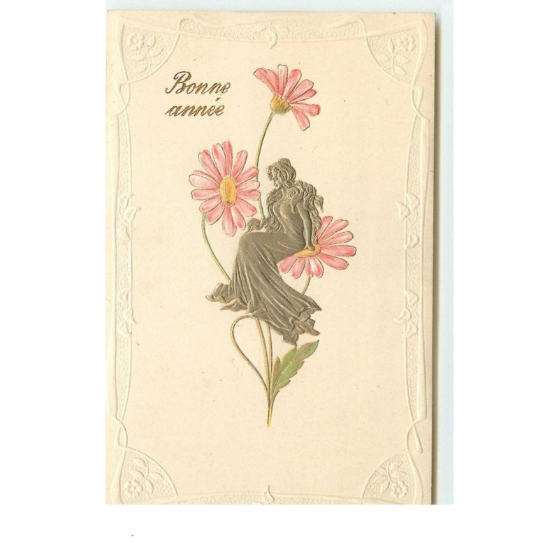 n°15410 - Carte Gaufrée - Art Nouveau - Bonne Année - Jeune femme de profil assise sur des fleurs