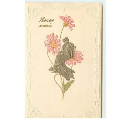 n°15410 - Carte Gaufrée - Art Nouveau - Bonne Année - Jeune femme de profil assise sur des fleurs