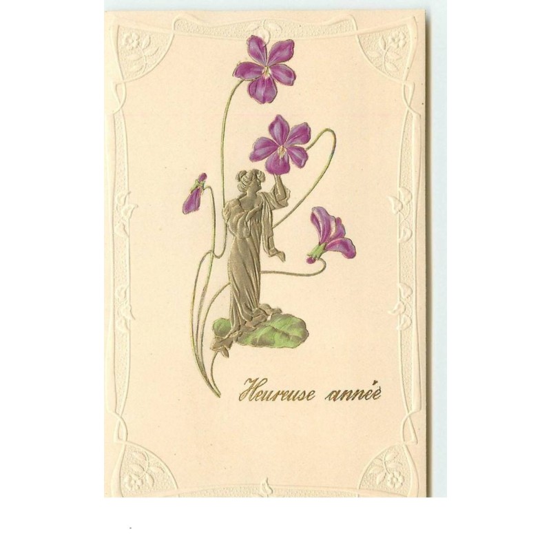n°15411 - Carte Gaufrée - Art Nouveau - Heureuse Année - Jeune femme sous des violettes