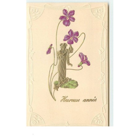 n°15411 - Carte Gaufrée - Art Nouveau - Heureuse Année - Jeune femme sous des violettes