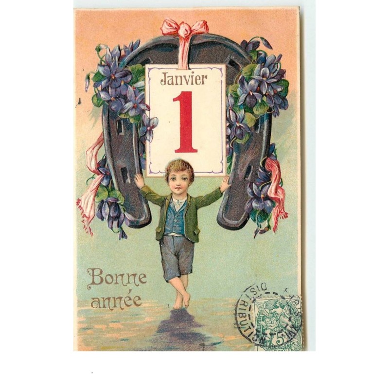 n°15414 - Carte Gaufrée - Bonne Année - Garçon sous un fer à cheval décoré de violettes