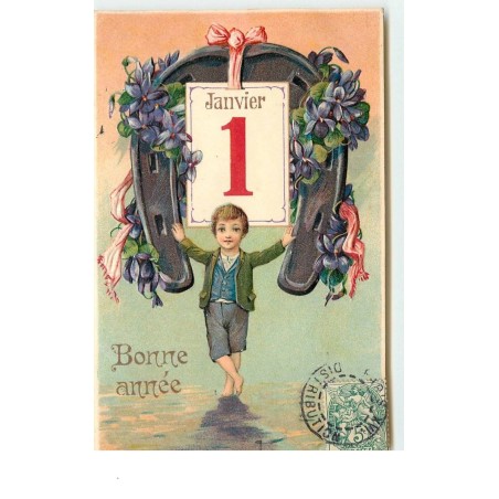 n°15414 - Carte Gaufrée - Bonne Année - Garçon sous un fer à cheval décoré de violettes