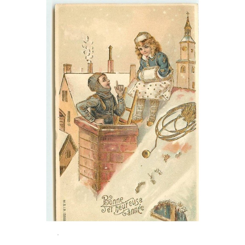 n°15416 - Carte Gaufrée - Bonne et Heureuse Année - Fillette assise sur un toit, discutant avec un petit ramoneur