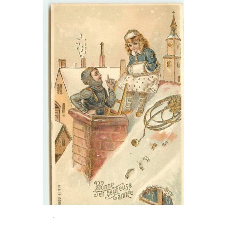 n°15416 - Carte Gaufrée - Bonne et Heureuse Année - Fillette assise sur un toit, discutant avec un petit ramoneur