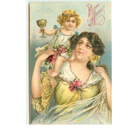 n°15418 - Carte Gaufrée avec des strasses - Bonne Année - Fillette sur l'épaule d'une jeune femme
