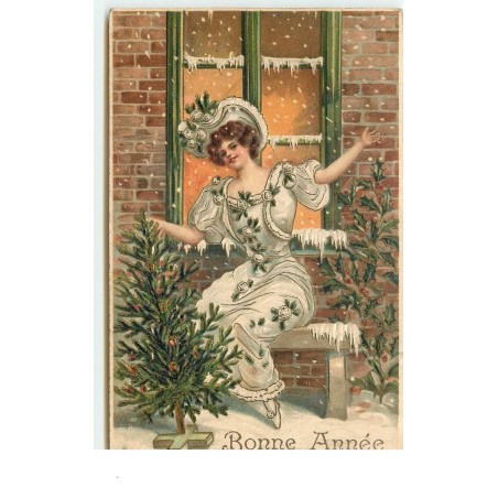 n°15420 - Carte Gaufrée  - Bonne Année - Jeune femme assise sur un banc