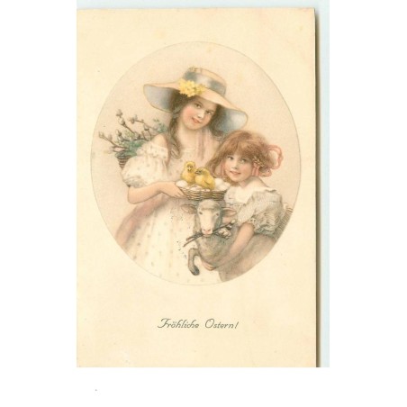 n°15434 - MM Vienne n°435 - Fröhliche Ostern - Fillettes l'une portant des poussins, l'autre un mouton