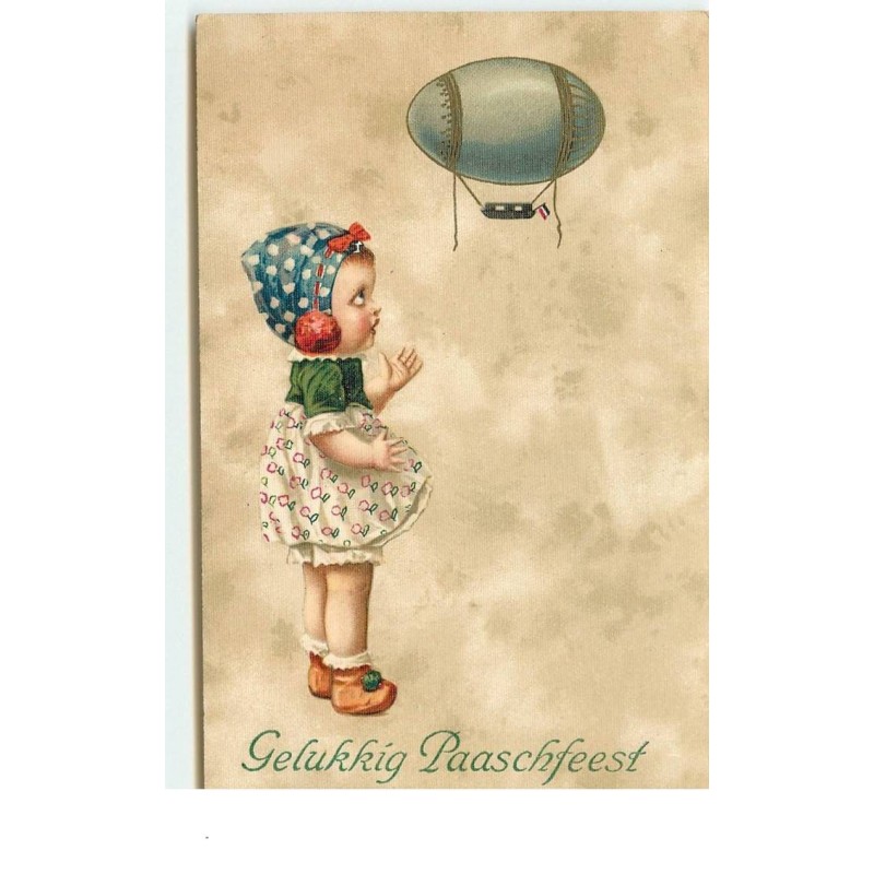n°15437 - Gelukkig Paaschfeest - Fillette regardant un dirigeable en forme d'oeuf