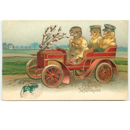 n°15440 - Carte Gaufrée - Joyeuses Pâques - Poussins conduisant une voiture