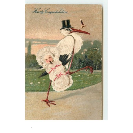 n°15445 - Carte Gaufrée - Hearty Congratulations - Cigogne fumant et apportant un bébé fumant également