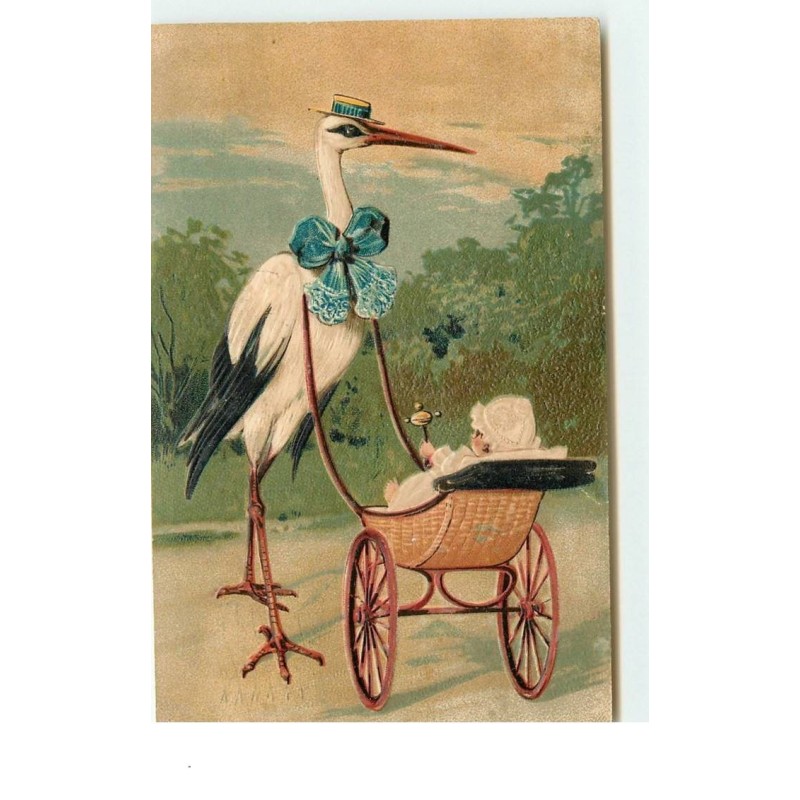n°15447 - Carte Gaufrée - Cigogne poussant un bébé dans un landeau
