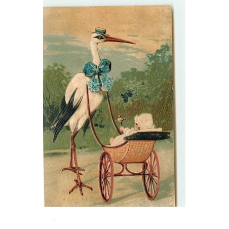 n°15447 - Carte Gaufrée - Cigogne poussant un bébé dans un landeau