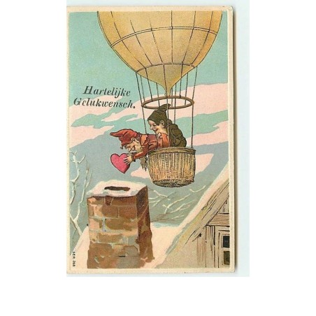 n°10524 - Carte Fantaisie Gaufrée - Hartelijke Gelukwensch - Lutins, Nains dans une Montgolfière