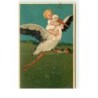 n°15449 - Carte Gaufrée - Flatscher - Bébé à califourchon sur le dos d'une cigogne