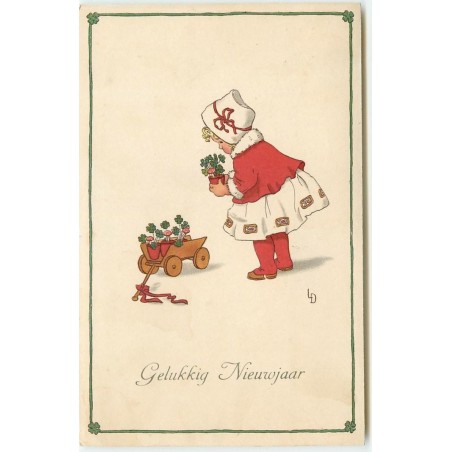 n°15462 - Gelukkig Nieuwjaar - Fillette avec des pots de trèfles à 4 feuilles - Lia Doring