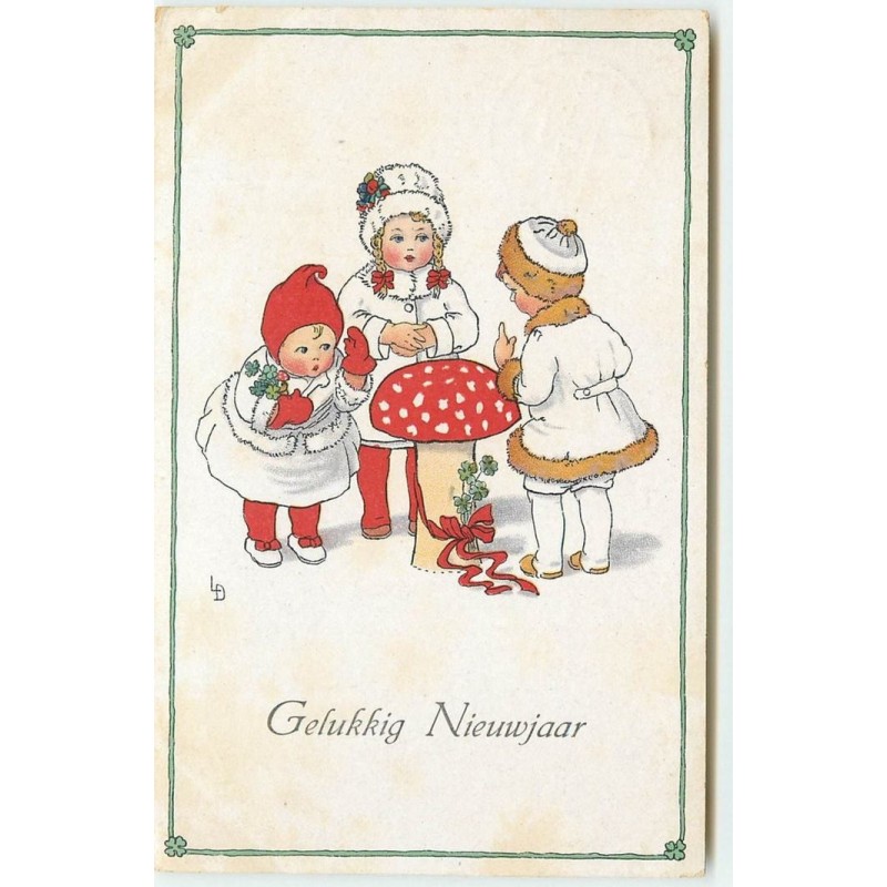 n°15463 - Gelukkig Nieuwjaar - Fillettes autour d'un champignon - Lia Doring