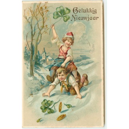 n°15464 - Carte Gaufrée - Gelukkig Nieuwjaar - Fillette sur le dos d'un garçon - Trèfles