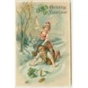 n°15464 - Carte Gaufrée - Gelukkig Nieuwjaar - Fillette sur le dos d'un garçon - Trèfles