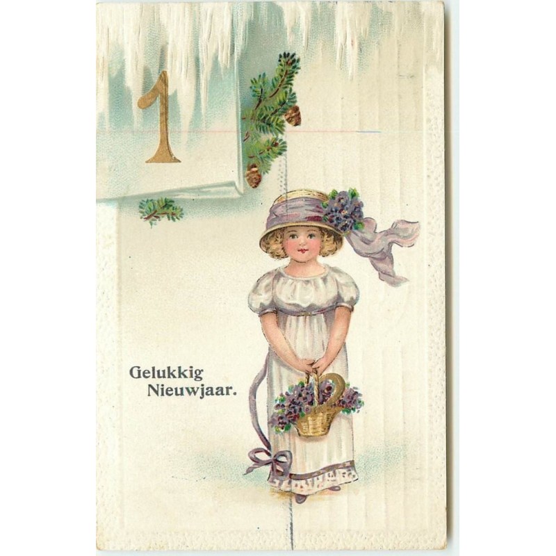 n°15466 - Carte Gaufrée - Gelukkig Nieuwjaar - Fillette portant un panier rempli de fleurs