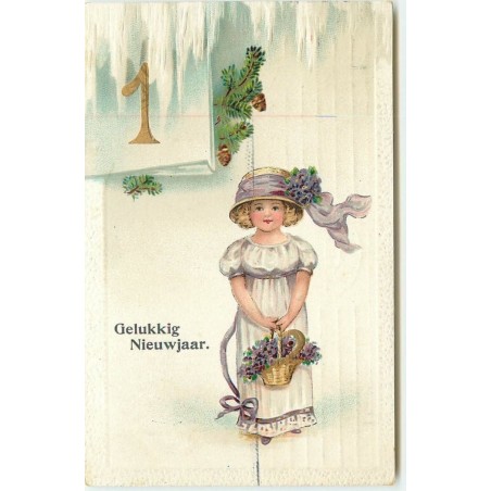 n°15466 - Carte Gaufrée - Gelukkig Nieuwjaar - Fillette portant un panier rempli de fleurs