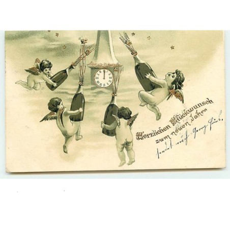 n°10525 - Carte Fantaisie - Angelots avec des bouteilles de Champagne