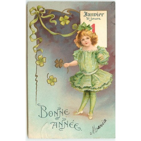 n°15470 - Carte Gaufrée - Clapsaddle - Bonne Année - Fillette avec une robe verte, portant un trèfle