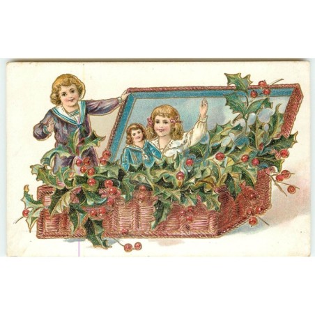 n°15491 - Carte Gaufrée - Enfants cachés dans une malle en osier