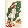 n°15493 - Carte Gaufrée - A Merry Christmas - Fillette devant une feuille, et avec un cadeau à ses pieds
