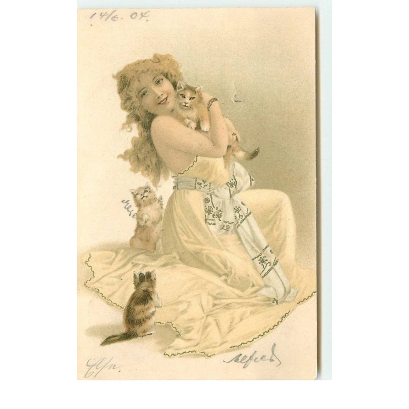 n°15513 - Jeune fille câlinant des chats
