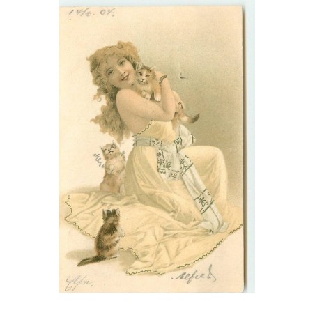 n°15513 - Jeune fille câlinant des chats