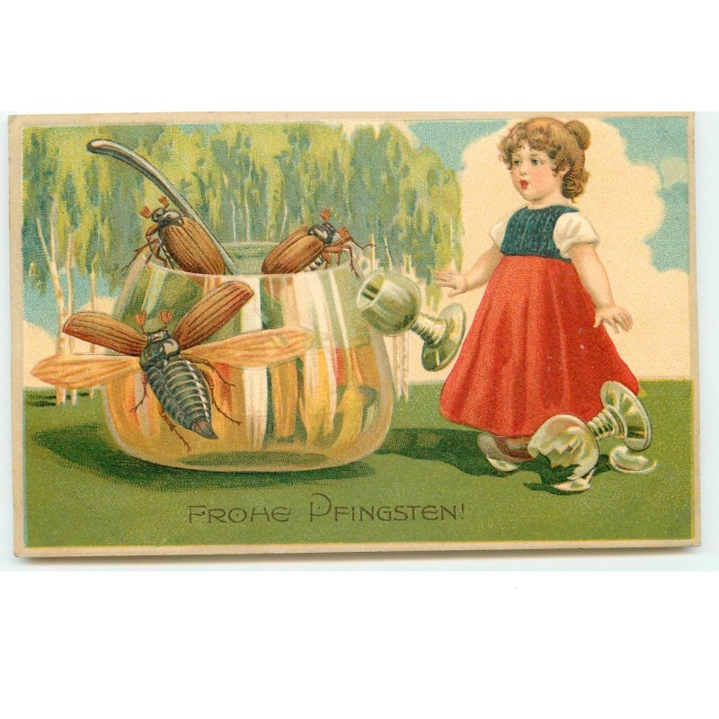 n°15521 - Carte Gaufrée - Fröhliche Pfingsten - Hannetons buvant dans une récipient sous le regard d'une fillette