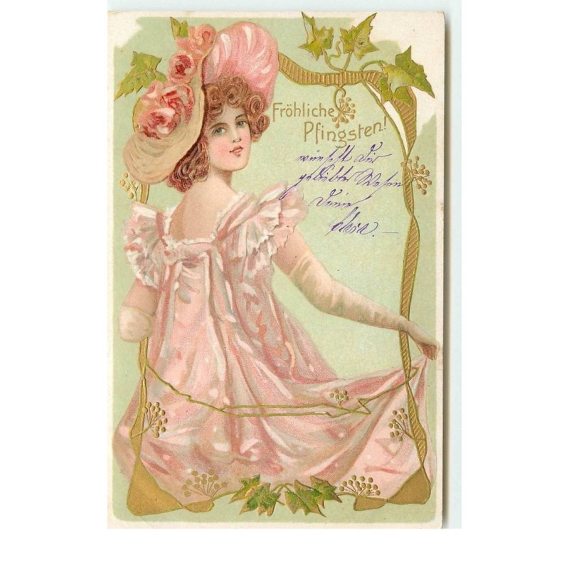 n°15522 - Carte Gaufrée - Art Nouveau - Fröhliche Pfingsten - Jeune femme portant une robe et un chapeau rose