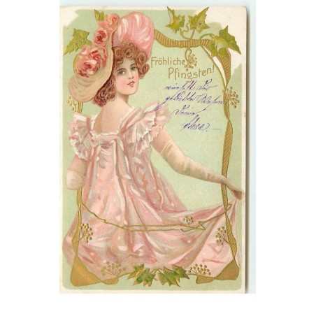 n°15522 - Carte Gaufrée - Art Nouveau - Fröhliche Pfingsten - Jeune femme portant une robe et un chapeau rose
