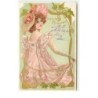 n°15522 - Carte Gaufrée - Art Nouveau - Fröhliche Pfingsten - Jeune femme portant une robe et un chapeau rose