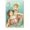 n°15526 - Carte Gaufrée avec strasses  - Femme portant un ange sur l'épaule avec des lettres