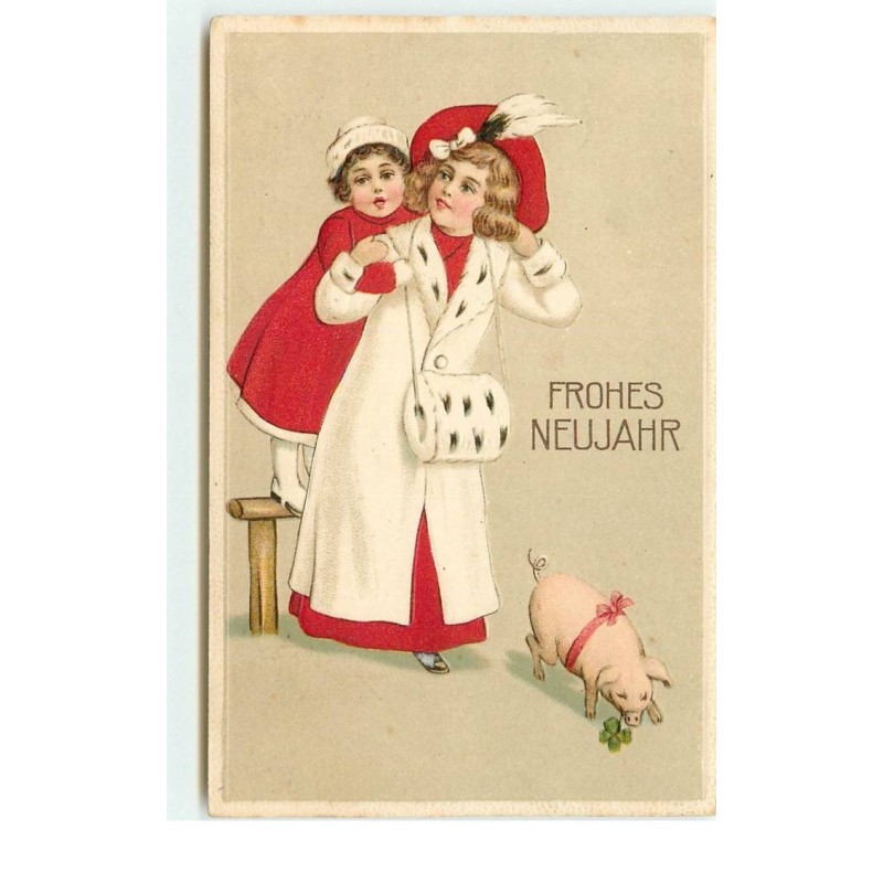 n°15534 - Carte Gaufrée - Frohes Neujahr - Une jeune fille, une fillette et un cochon