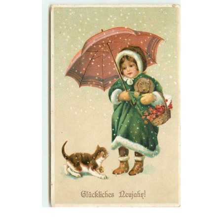 n°15536 - Carte Gaufrée - Glückliches Neujahr - Chat regardant une fillette portant un teckel
