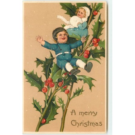 n°15559 - Carte Gaufrée - Flatscher - A Merry Christmas - Enfants sur des branches de houx
