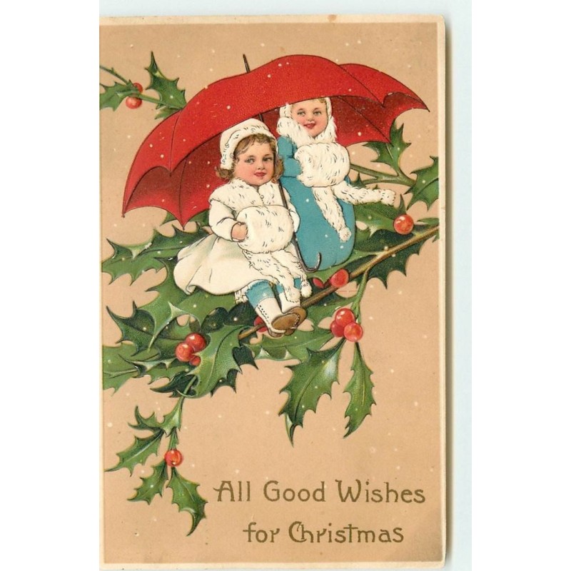 n°15560 - Carte Gaufrée - Flatscher - All Good Wishes for Christmas - Fillettes sur des branches de houx