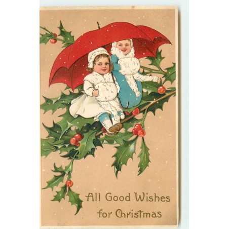 n°15560 - Carte Gaufrée - Flatscher - All Good Wishes for Christmas - Fillettes sur des branches de houx