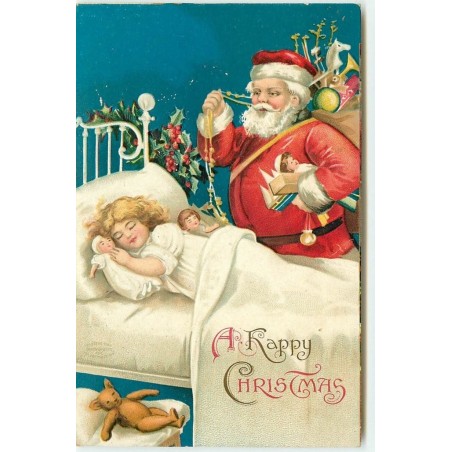 n°15568 - Carte Gaufrée - A Happy Christmas - Père Noël près d'une fillette dormant - Santa Claus