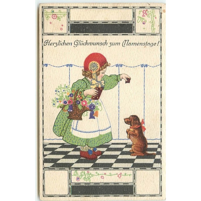n°15578 - Herzlichen Glückwunsch zum Mamenstage - Fillette donnant à manger à un teckel