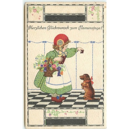 n°15578 - Herzlichen Glückwunsch zum Mamenstage - Fillette donnant à manger à un teckel