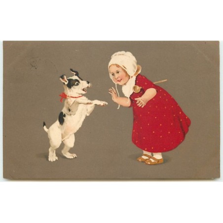 n°15582 - Flatscher - Fillette avec un chien faisant le beau