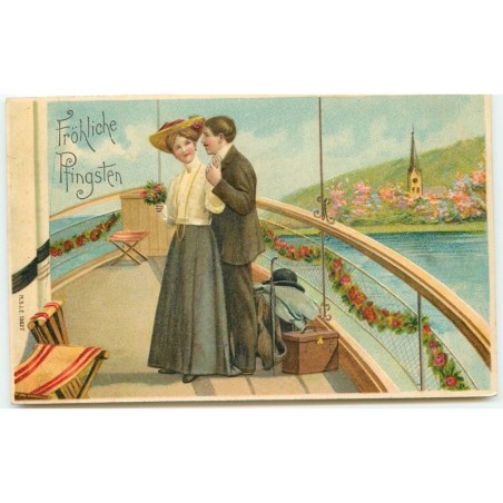 n°15591 - Carte Gaufrée - Fröhliche Pfingsten - Couple sur le pont d'un bateau
